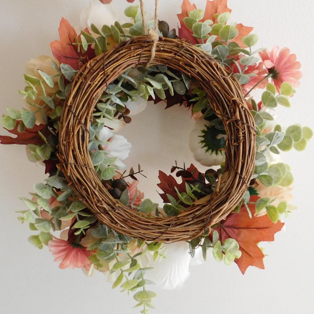 15 Inch Autumn Floral Wreath Fall Candle Ring Table Cream Rose Mauve Hydrangea